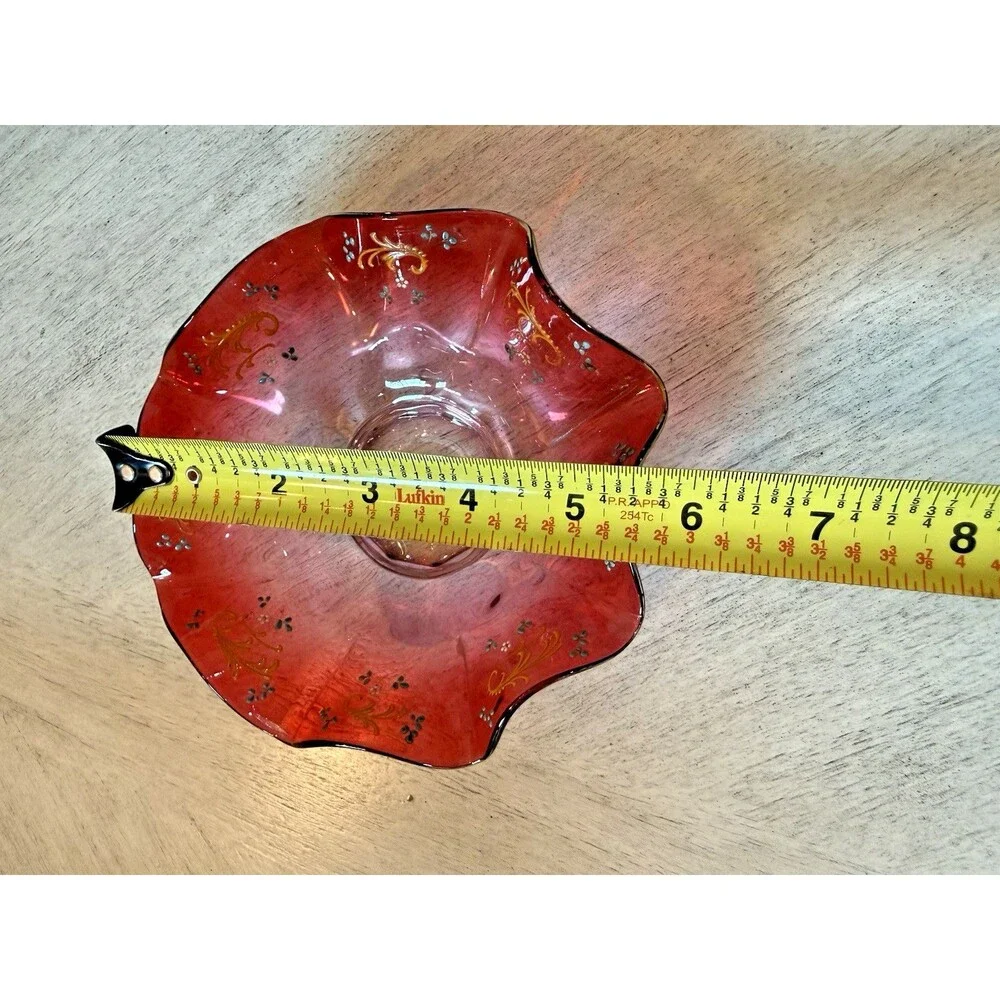 Vintage Murano Style Red Art Glass Bowl Hand Painted Gold Ruffled Rim Rare - Picture 10 of 11